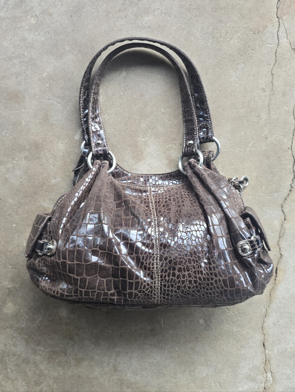 Vtg Y2k Brown Shiny Cvnty Handbag